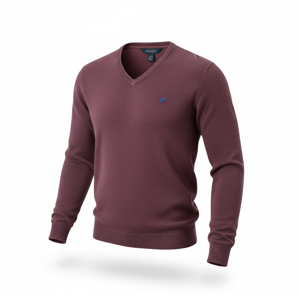 American Eagle Outfitters Mens Cotton V-Neck Sweater, Deep Wine /Burgundy Lg